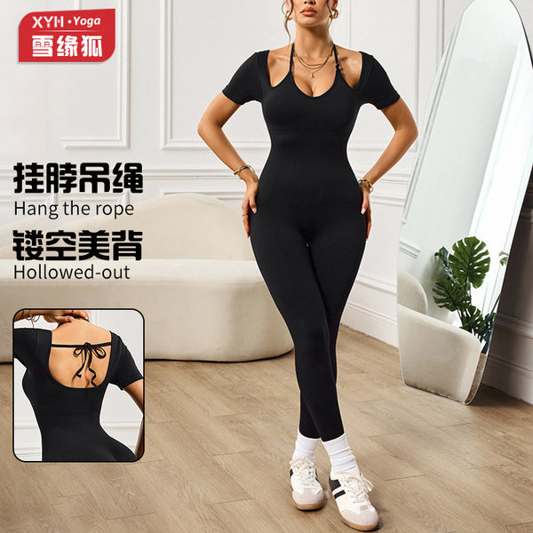 Threaded Seamless Sports Yoga onesie Women's Suspender Neck Strap Back Short Sleeve Peach Hip Jumpsuit Trousers