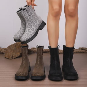 autum leopard print british styleplus size back zipper short boots thick sole round toe retroexportboots women's wholesale