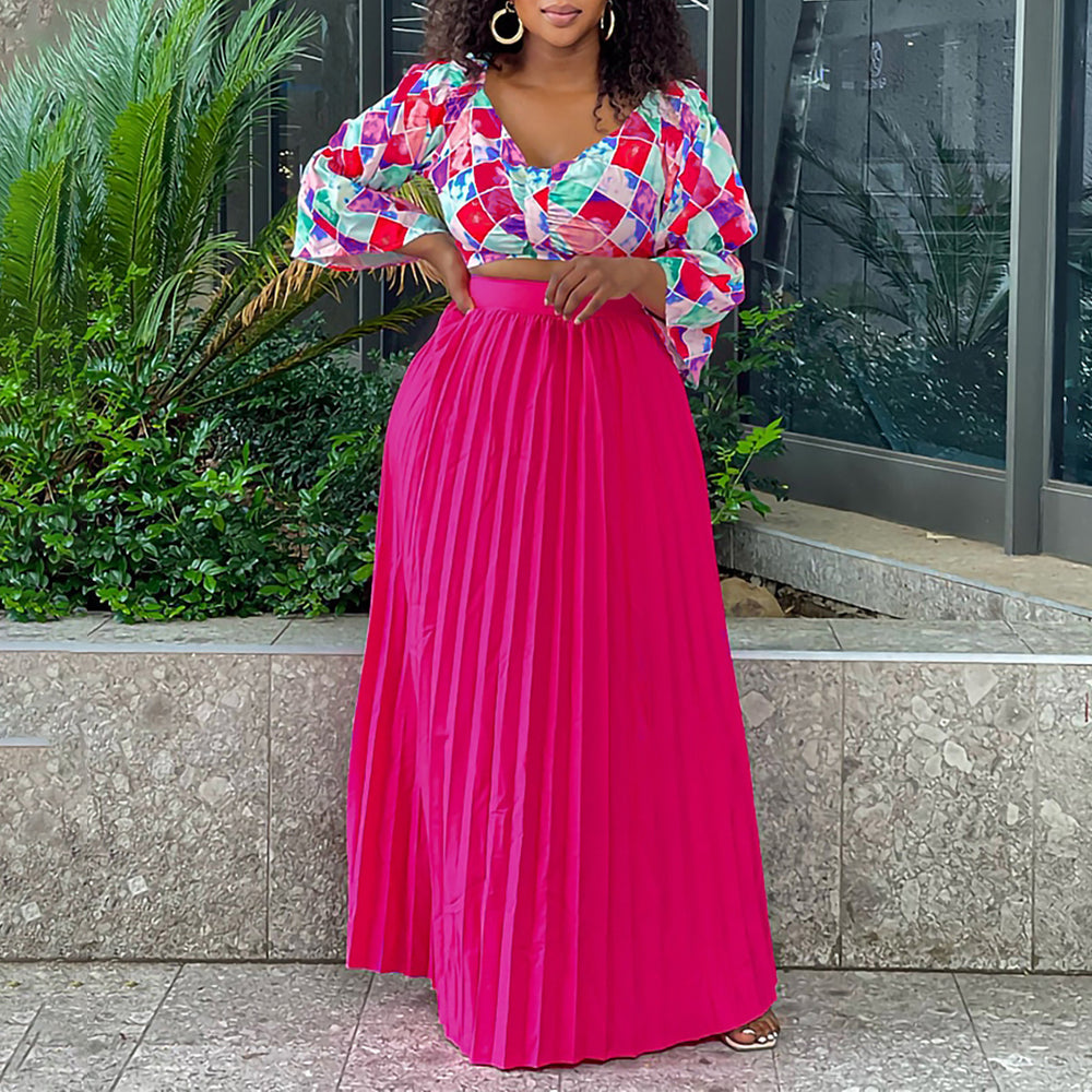 D3262 women's summer new arrival: fashionable v-neck printed top and pleated maxi skirt african two-piece set - cross-border outfit