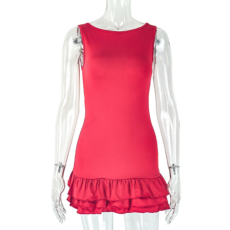 European and american style new cross-border fashion women's slim-fit pleated sleeveless round neck solid color commute mini dress