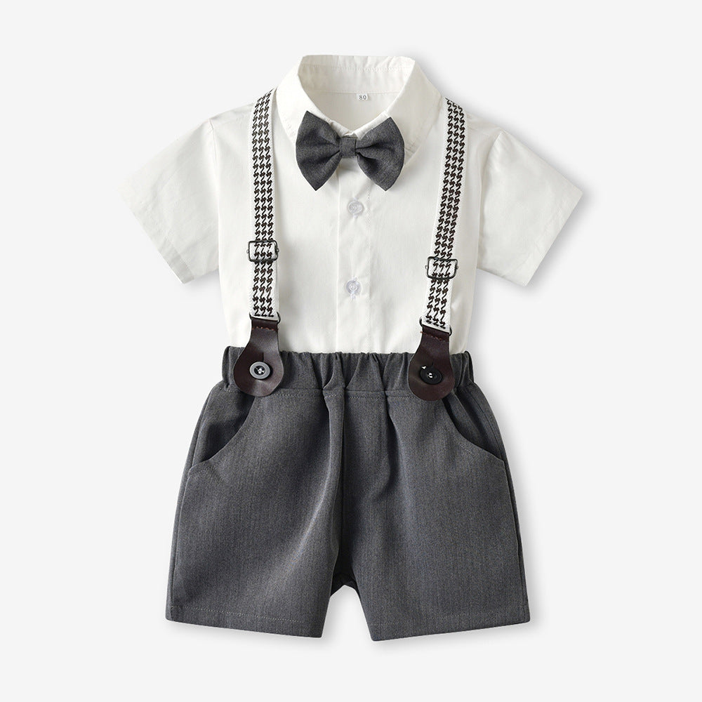 Kids' summer gentleman outfit: baby boy short-sleeve shirt & suspender pants two-piece set, boy's shirt, first birthday dress