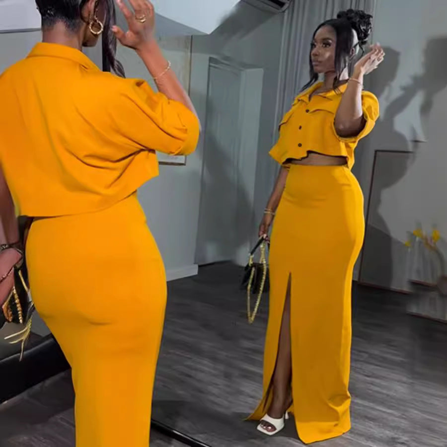 Amazon cross-border women's fashion  summer new arrival: lapel collar faux pocket shirt top & slim-fit slit midi skirt set
