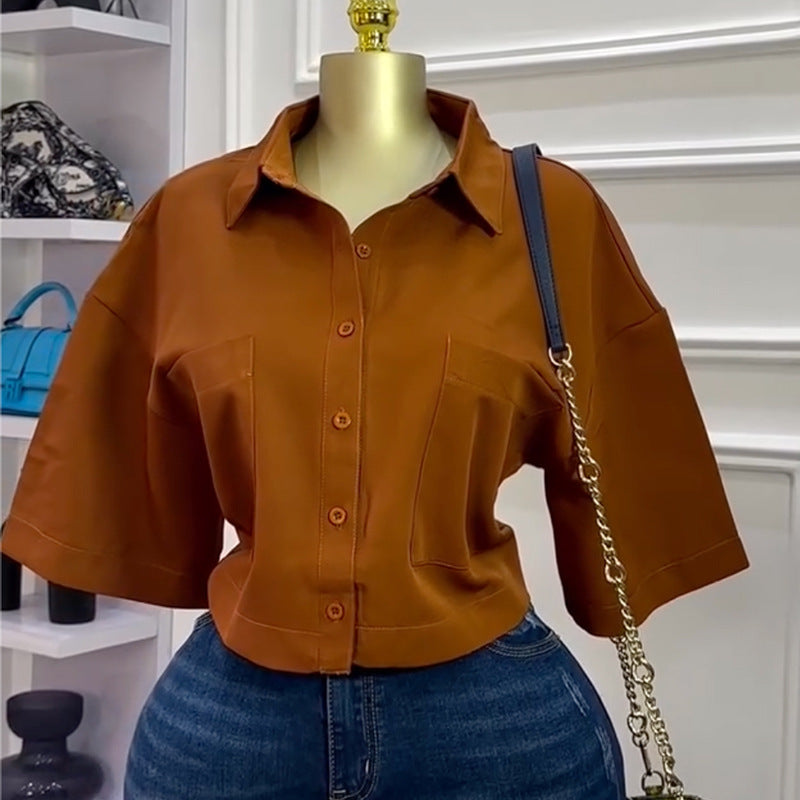 European and american cross-border women's fashion:  autumn new arrivals - stylish and chic polo shirt, solid color five-sleeve cropped blouse