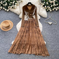French romantic style blazer collar lace dress - women's summer slimming pleated flowy maxi dress - commute chic & elegant