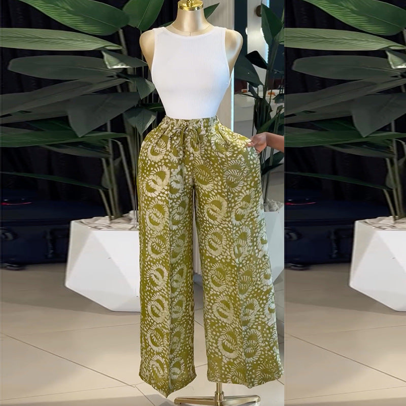 European and american women's clothing  autumn new sweet and fresh printed drawstring design high-waisted slimming wide-leg pants