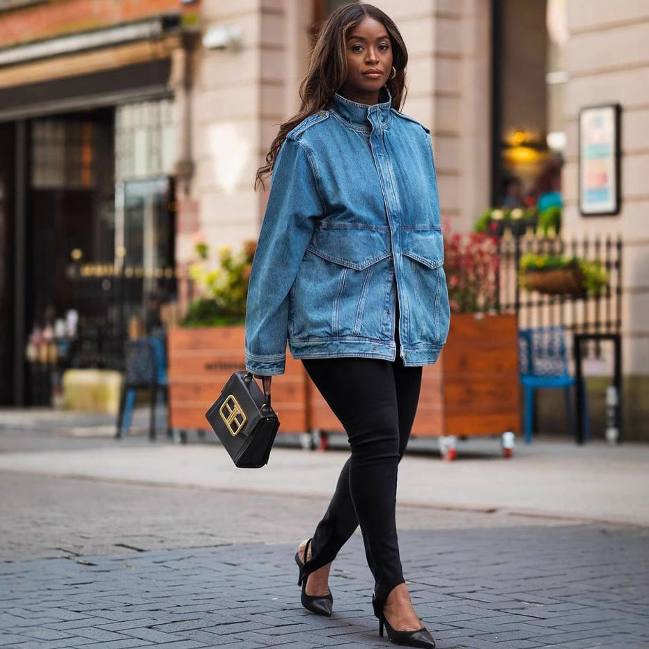 European and american style women's denim jacket -  cross-border fashion - new autumn/winter collection - stylish oversized pockets - long sleeve stand collar outerwear