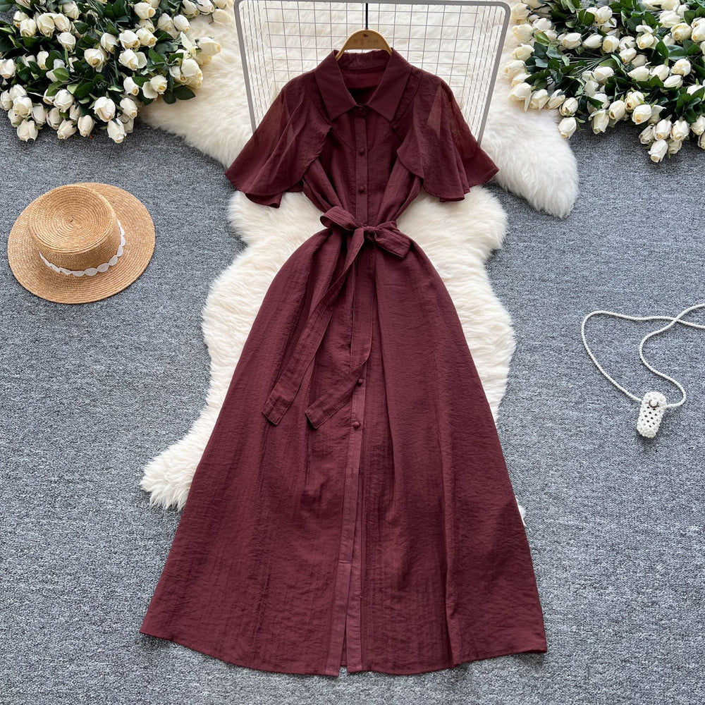 Sense of designniche style shawl patchwork lapel single breasted waist dress female summerfrenchslimming lookelegant long skirt