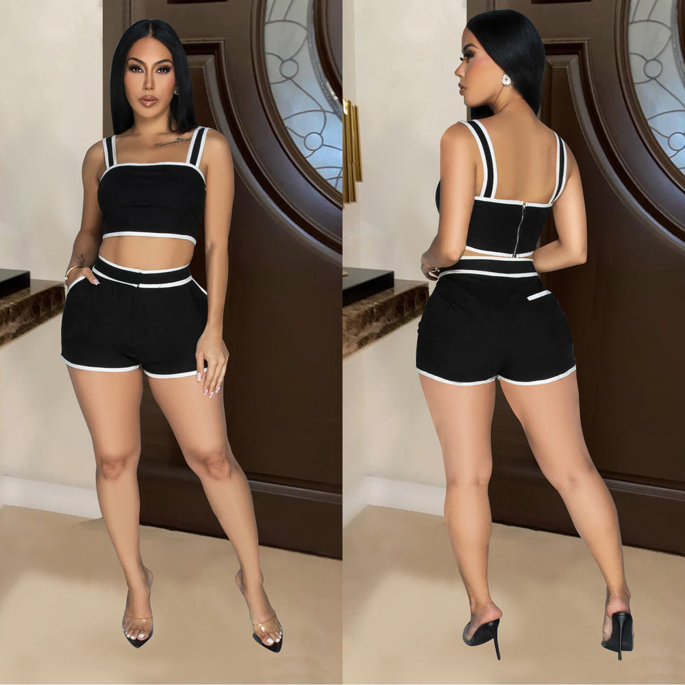 C6966 cross-border   independent station fashion women's solid color camisole and shorts two-piece set