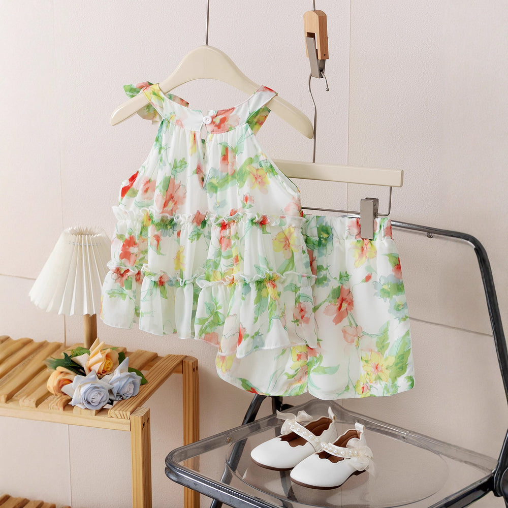 new product girl fashion style sling fresh floral chiffon fashion socialite + shortssuit