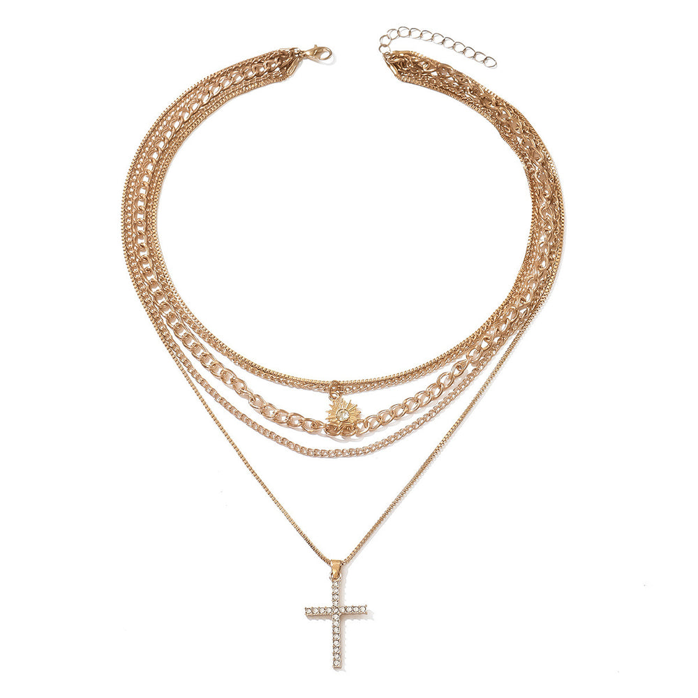 Wholesale diamond-studded cross necklace - european & american cross-border jewelry - women's multi-layered, stackable, high-end sun clavicle chain