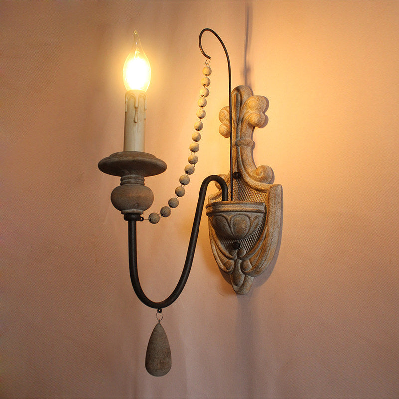 American retro wall lamp - cordless charging, solid wood, french style for living room, bedroom, bedside, hallway, stairway, candle wall sconce