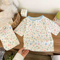 Summer lightweight crinkle cotton baby air conditioning suit set, separates pajamas, boys and girls' three-quarter sleeve loungewear