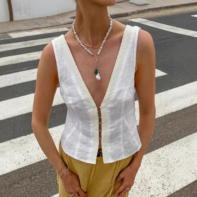 European and American fashion V-neck white vest women's 2025 summer  temperament bamboo cotton lace cardigan top women's clothing