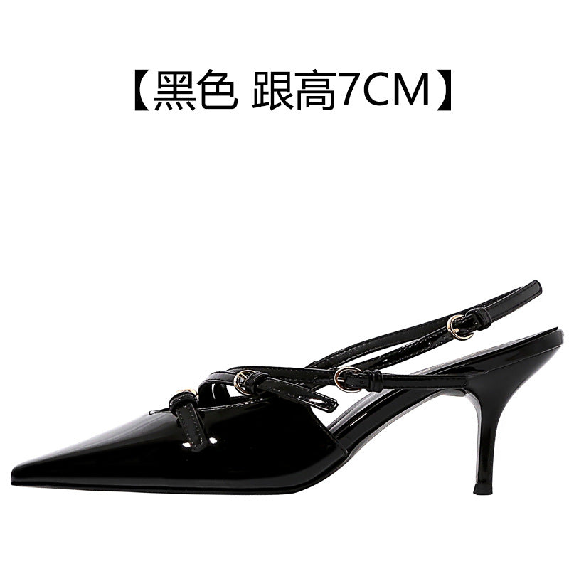 2026 summer european and american style patent leather stiletto peep-toe sandals women's single strap cat heel pointed toe back strap high heels