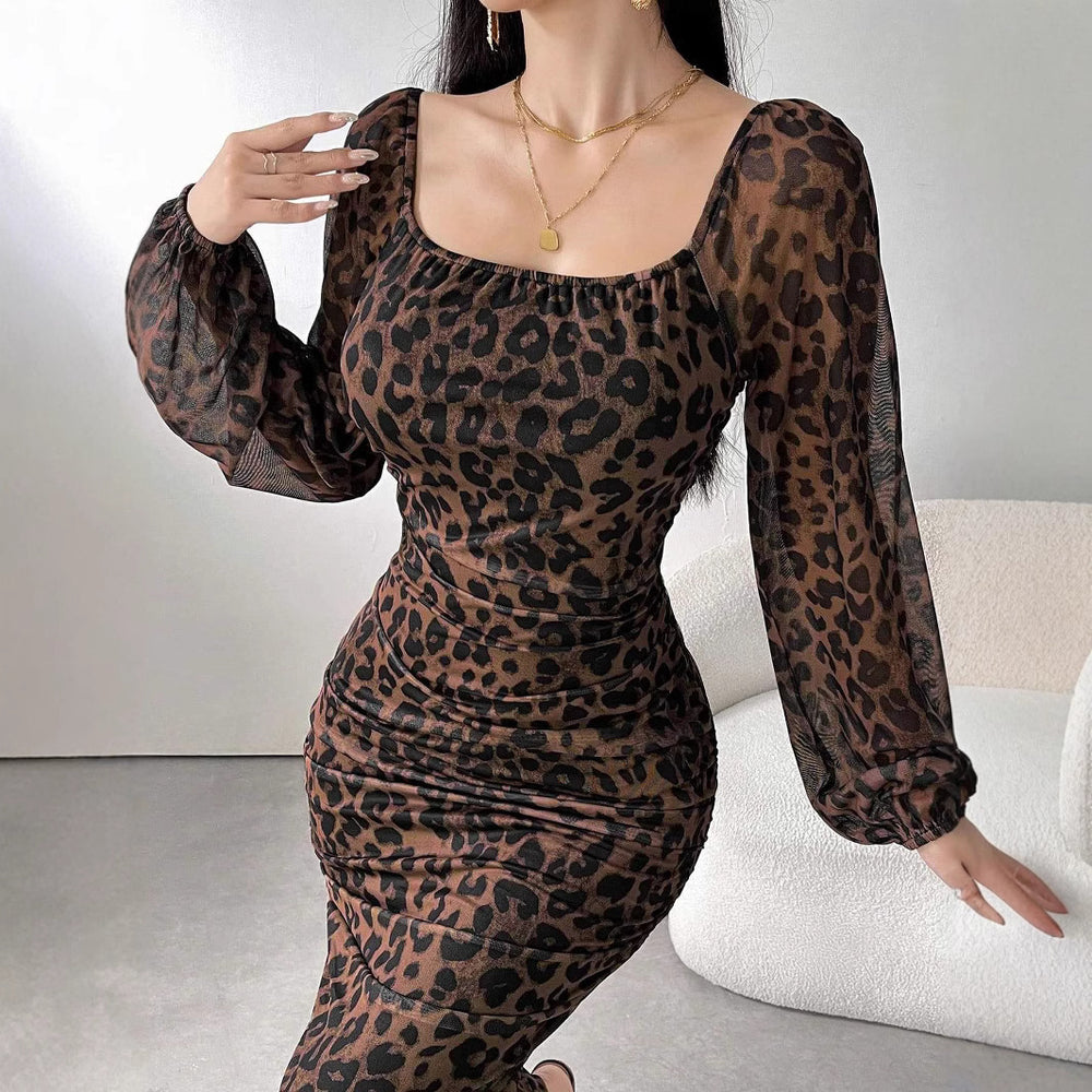 European and american tk cross-border new arrival: leopard print mesh fabric printed square neck long sleeve ruffle hem dress