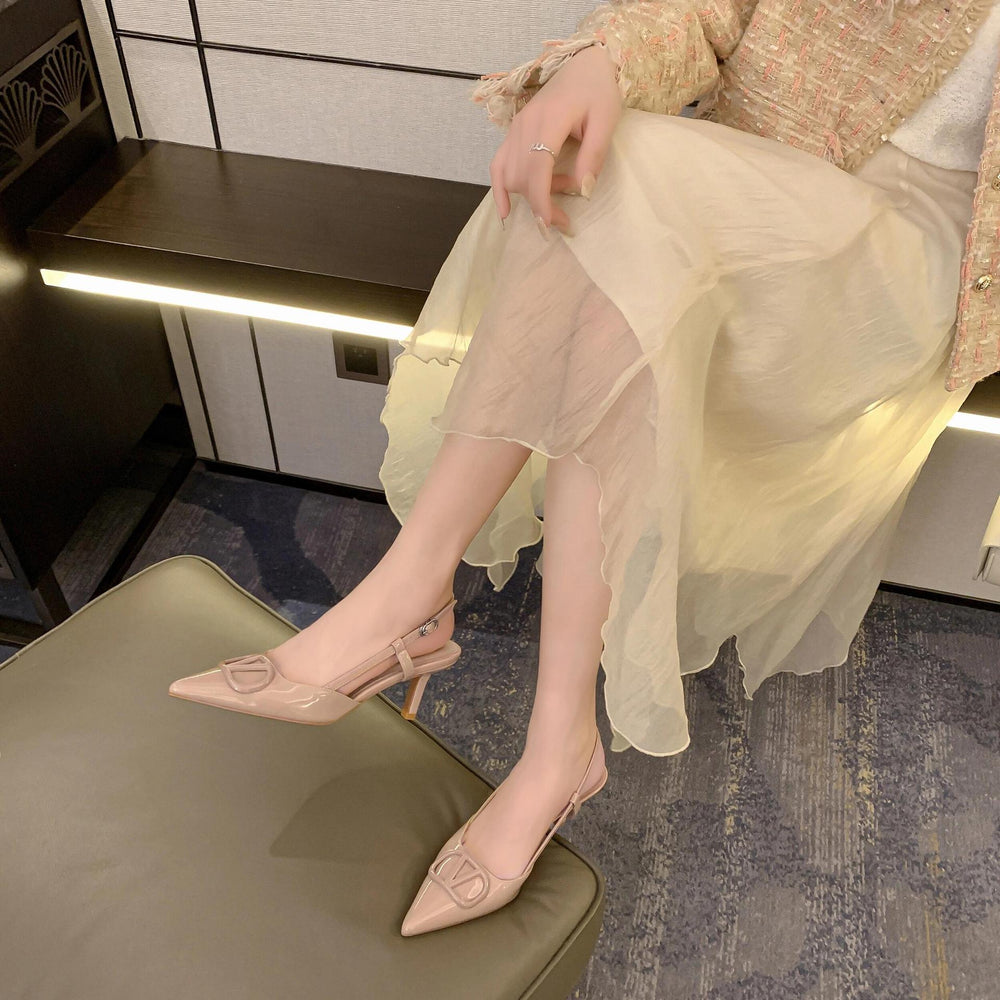 Wo huizhou 2026 autumn new patent leather pointed-toe v-buckle slingback sandals - luxury european and american style women's high heels