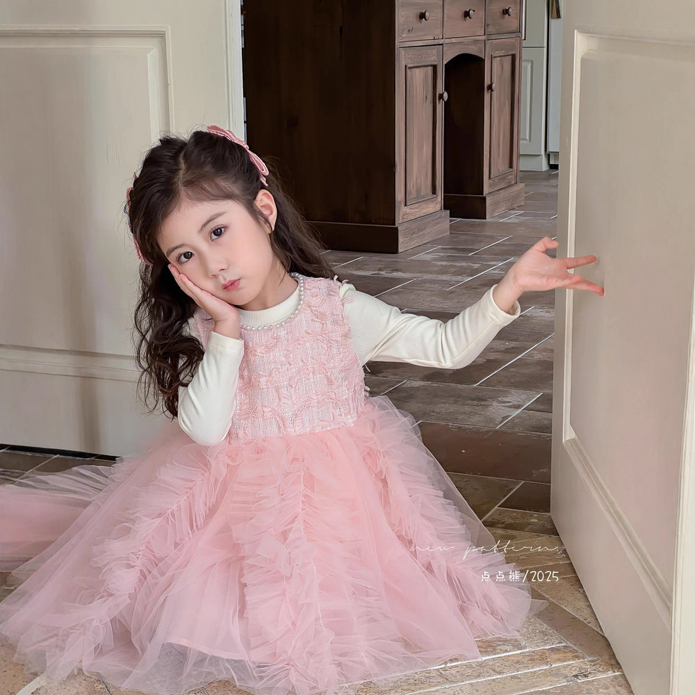 Girls' dress  autumn french princess style pink chanel-inspired mesh tutu vest dress two-piece trendy set