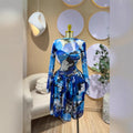 European and american cross-border women's spring  new arrival: long-sleeved crew neck bandeau print cinched waist ruched mini dress
