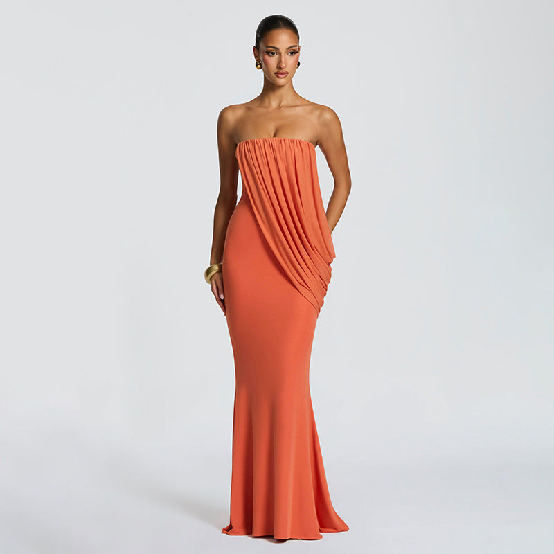 European and american cross-border women's fashion:  summer new arrival - elegant socialite solid color bandeau ruched mesh bodycon dress