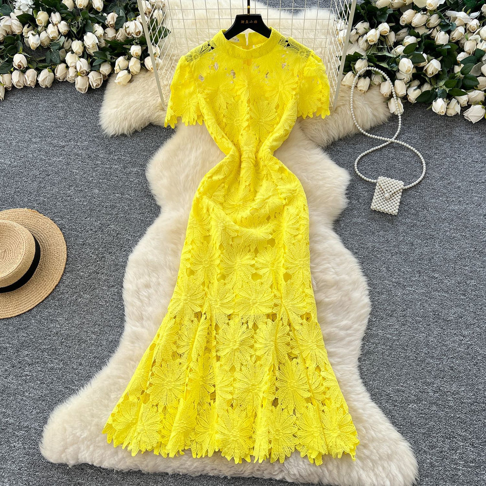 Frenchaccessible luxury celebrity heavy industry cut out crochet lace silmdress women's waist elegant mermaid dress long skirt