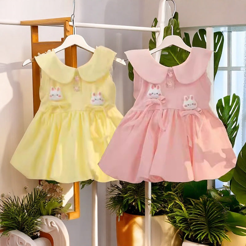 Girls' summer dress: cartoon bunny sleeveless princess sundress with round neck -  korean style