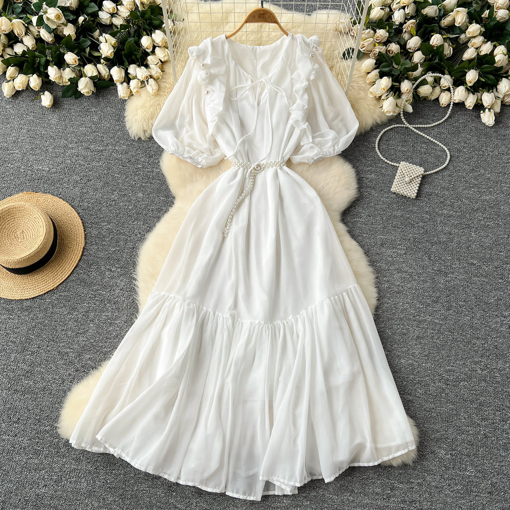 French-inspired beaded, ruffled, lantern-sleeve, a-line chiffon dress with a cinched waist and flattering, full skirt