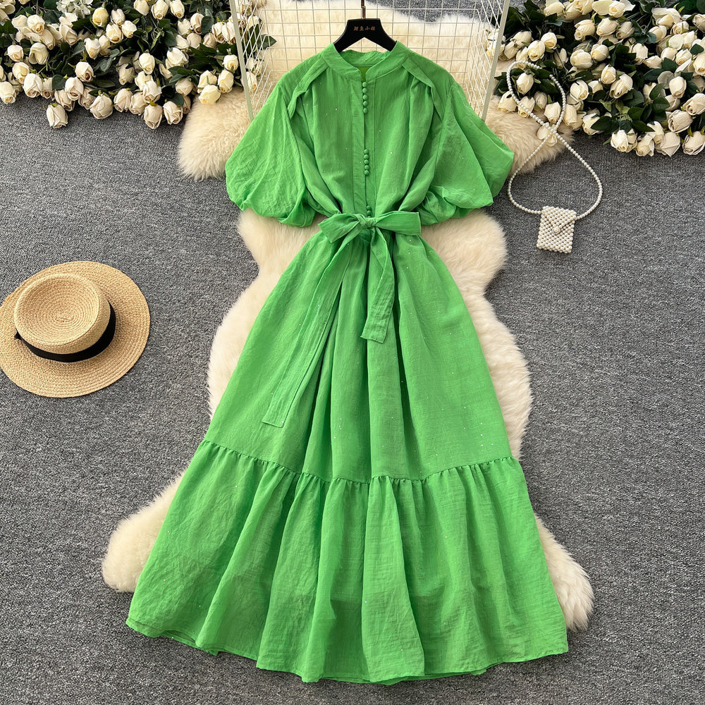 French fashion stand collar lantern sleeve tie-waist dress - slimming, elegant, sparkling ruffle hem maxi dress