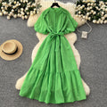 French fashion stand collar lantern sleeve tie-waist dress - slimming, elegant, sparkling ruffle hem maxi dress