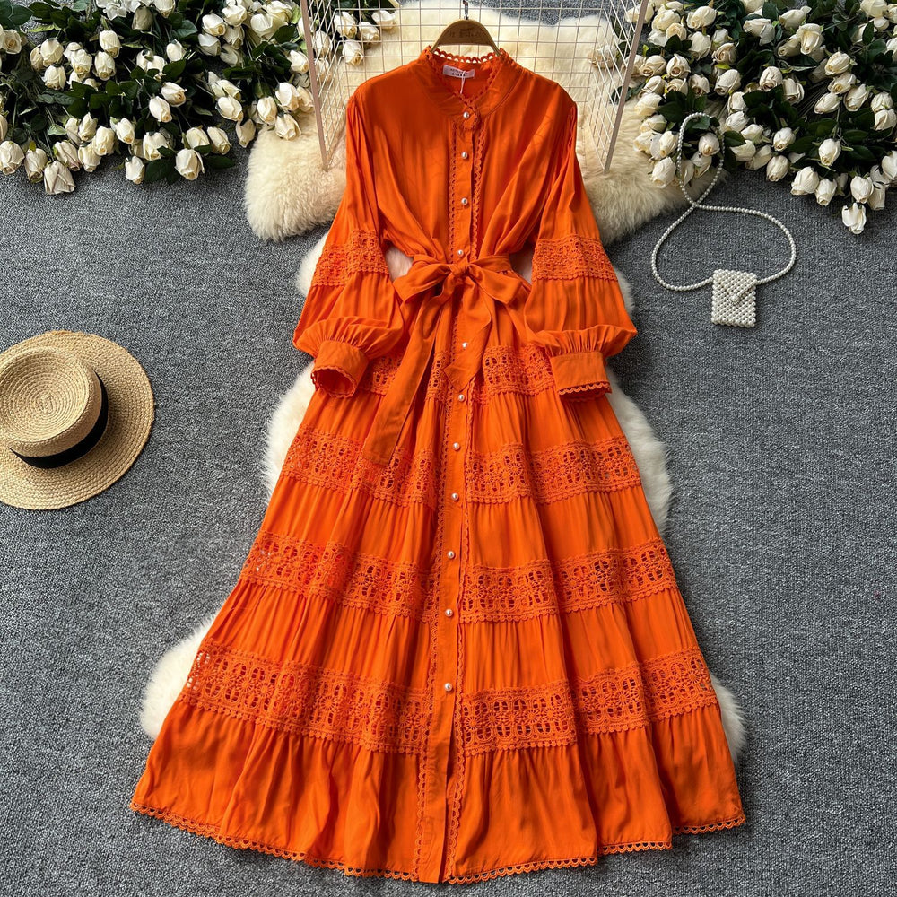 Frenchretrolacepatchwork lantern long sleevesdress women's tie back waist single breasted large swing palace style long skirt