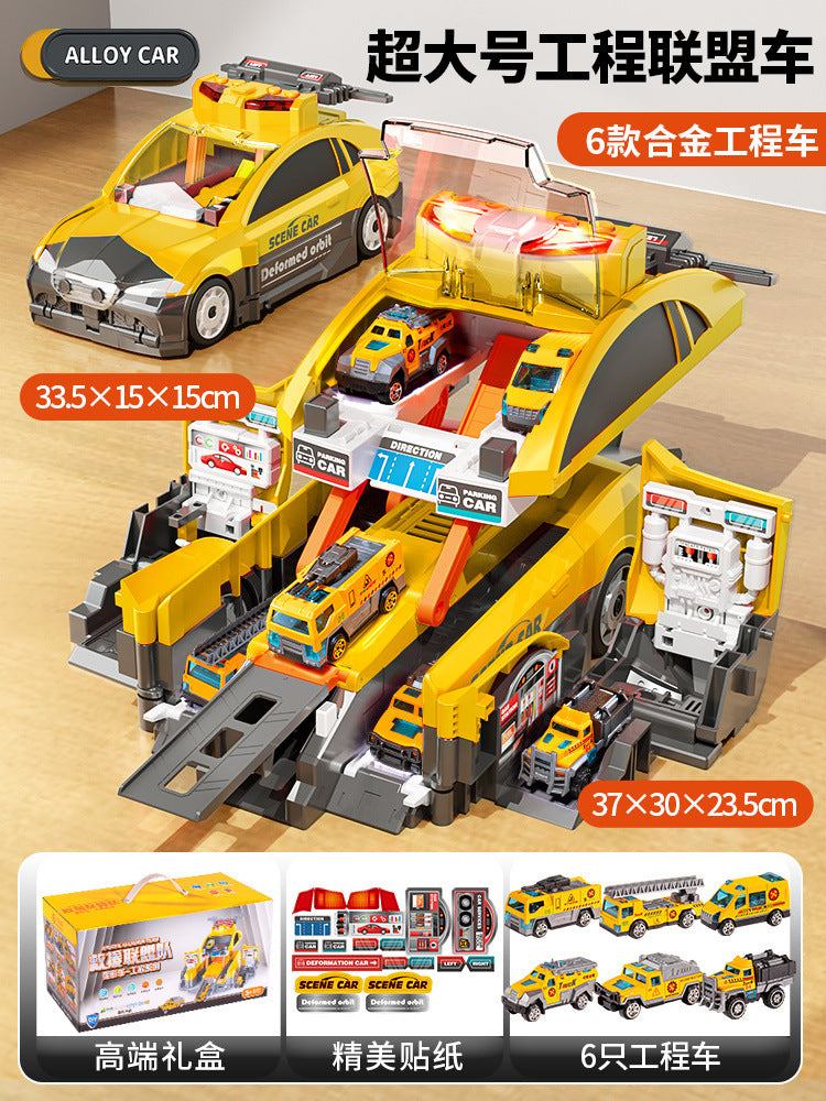New children's fire truck transforming ejection track parking garage sound and light educational model toy car