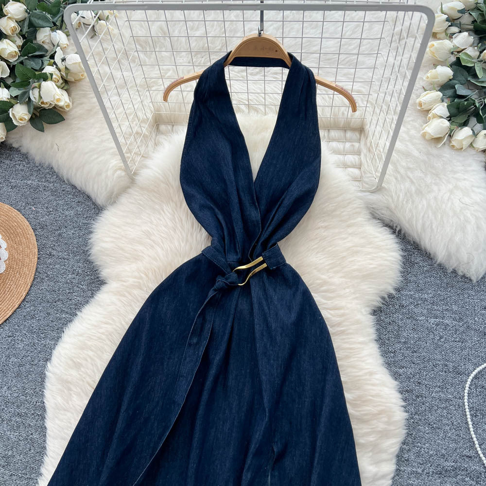 Cool and spicy halter denim dress - women's summer deep v sexy backless slit maxi dress - chic and stunning