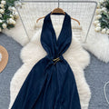Cool and spicy halter denim dress - women's summer deep v sexy backless slit maxi dress - chic and stunning