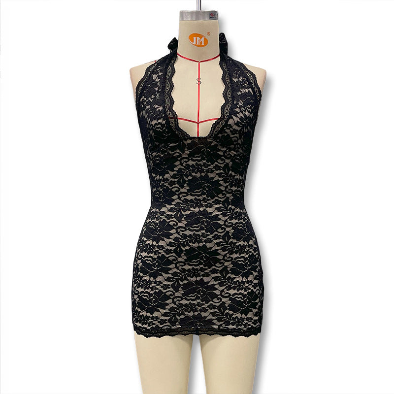 summer new arrival: cross-border european & american style fashionable sexy halter lace slit slimming bodycon dress for women