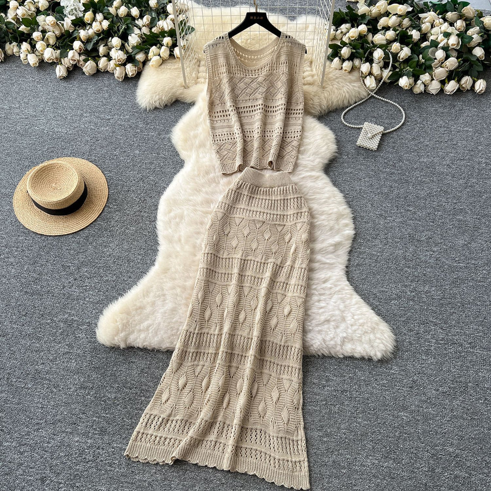Korean sweet age reduction cut out crochet knittingtops women's high waist tight hip cover skirt summer clothes elegantsuit