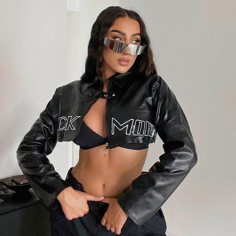 C27414 autumn and winter European and American street fashion women's clothing locomotive letter embroidery PU leather short jacket baseball jacket jacket