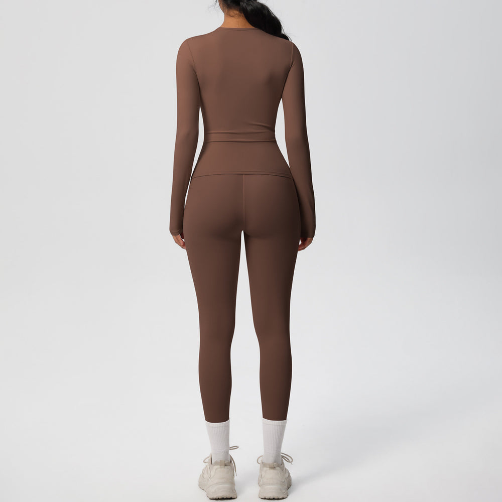 Ready-to-ship cross-border double-sided brushed solid color compression training long sleeve yoga set - activewear running fitness two-piece outfit