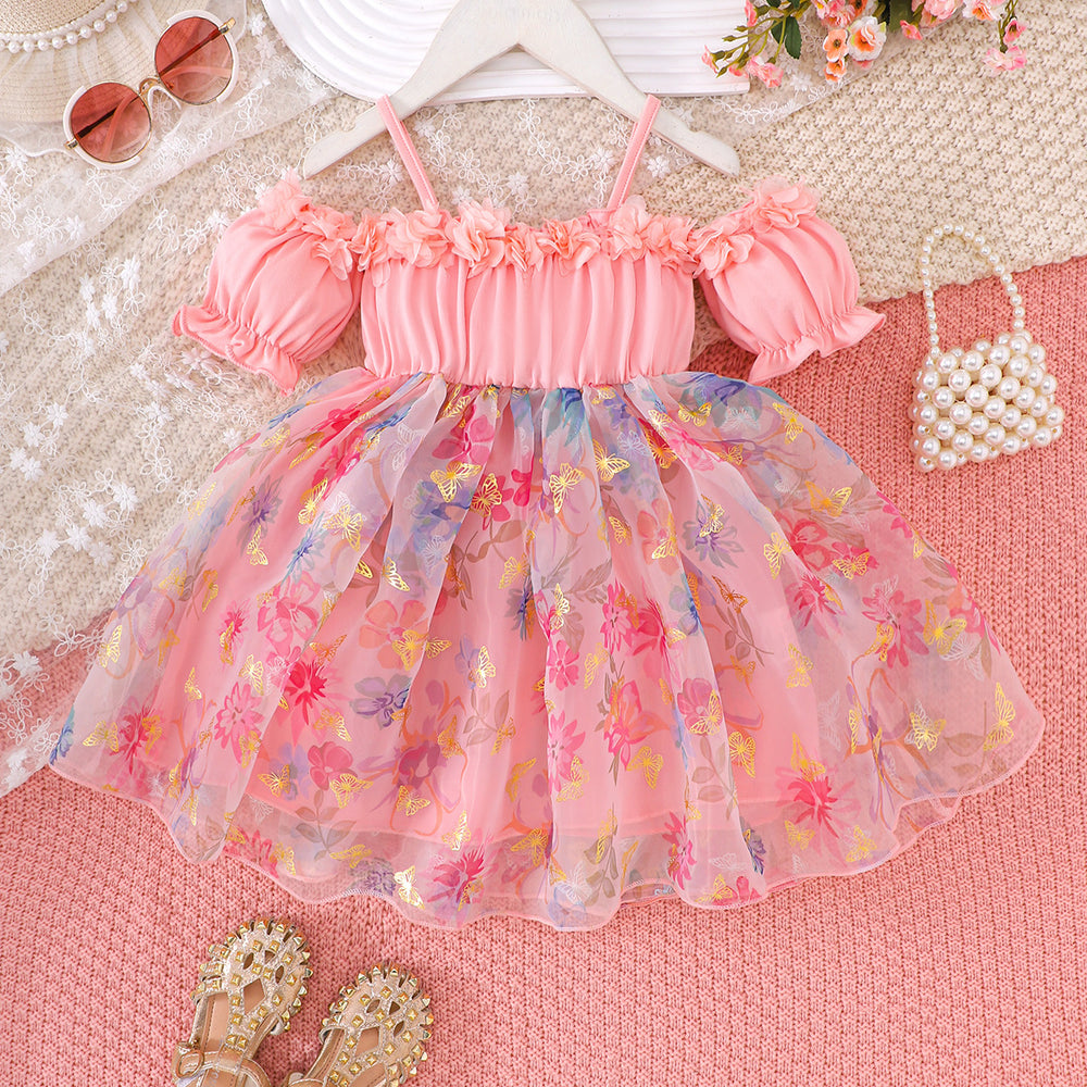 Girls' fashion off-the-shoulder floral mesh patchwork dress