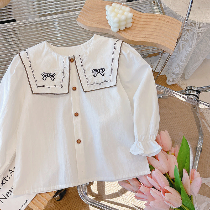 new arrival: pure cotton girls' blouse - peter pan collar, bow accent, long sleeve, stylish top for baby girls