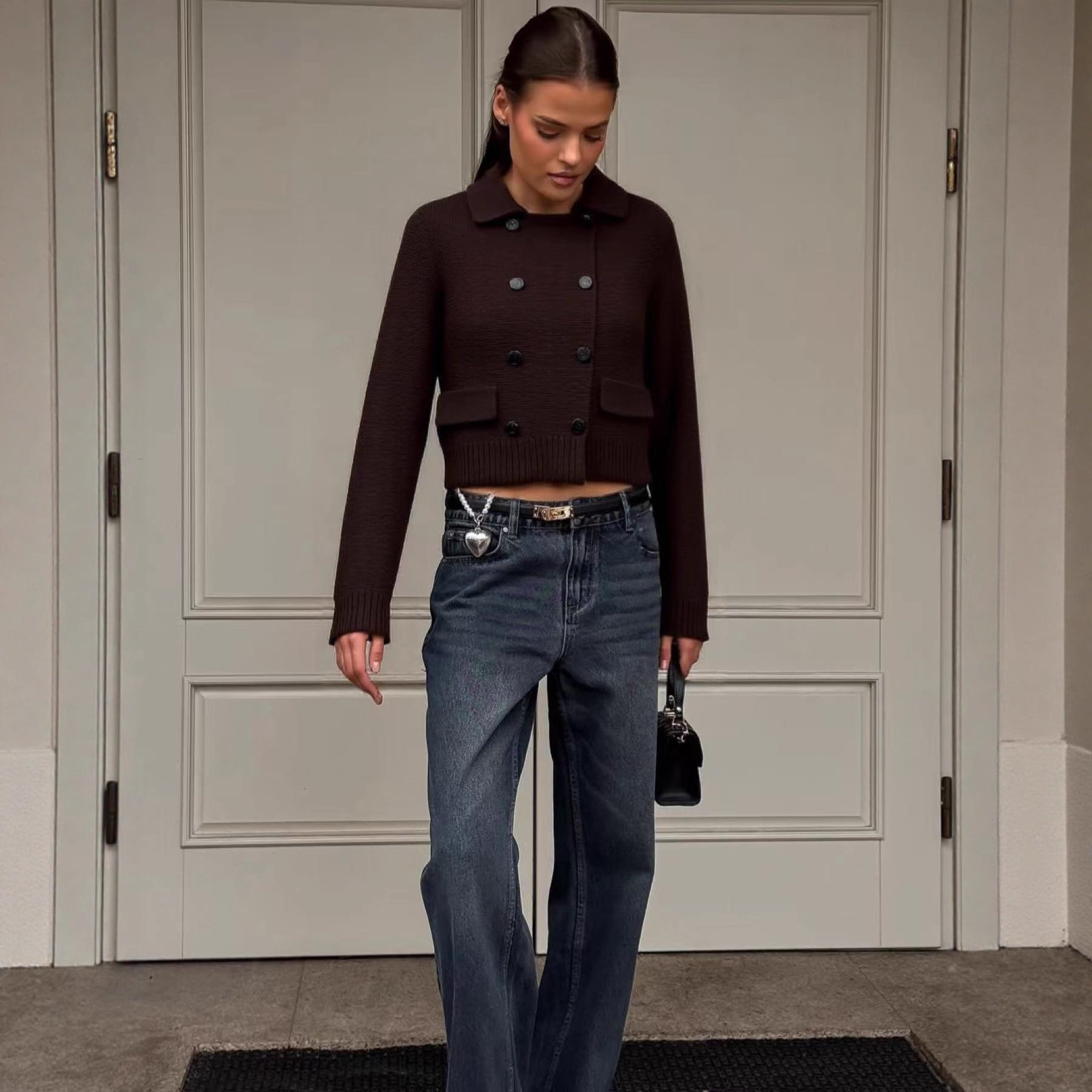 Cross-border Europe, America and the United States in the autumn and winter of 2025 new women's clothing fashion British style lapel collar double-breasted knitted cardigan jacket women