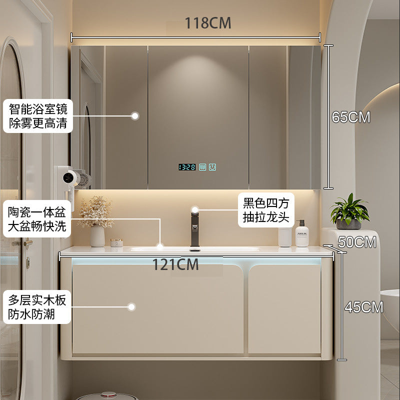 陶瓷一体盆浴室柜组合奶油风卫生间洗漱台洗手池盆柜实木卫浴柜新