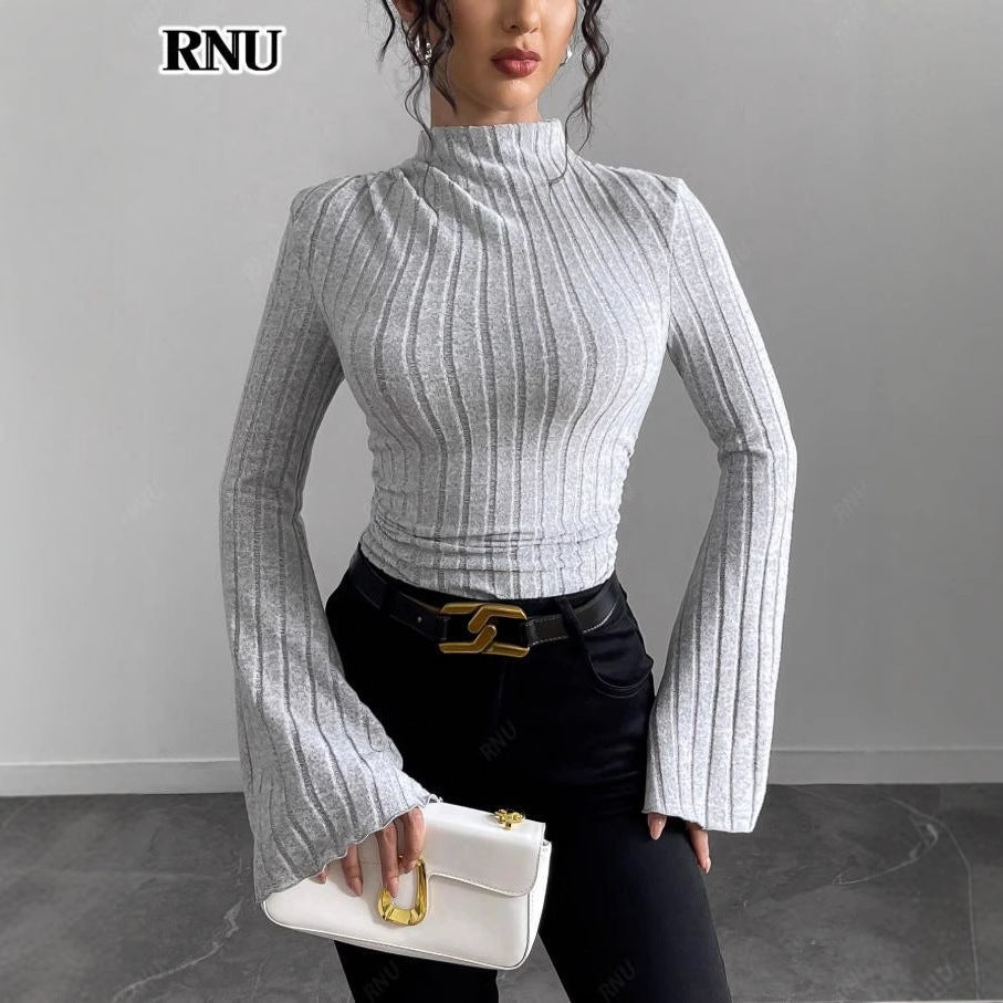 Fashion cross-border  spring new arrival pit half turtleneck silm elegant women's inner bell sleeve bottom shirt