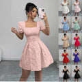 European and american cross-border  summer slim-fit women's elegant jacquard solid color puff sleeve square neck a-line dress
