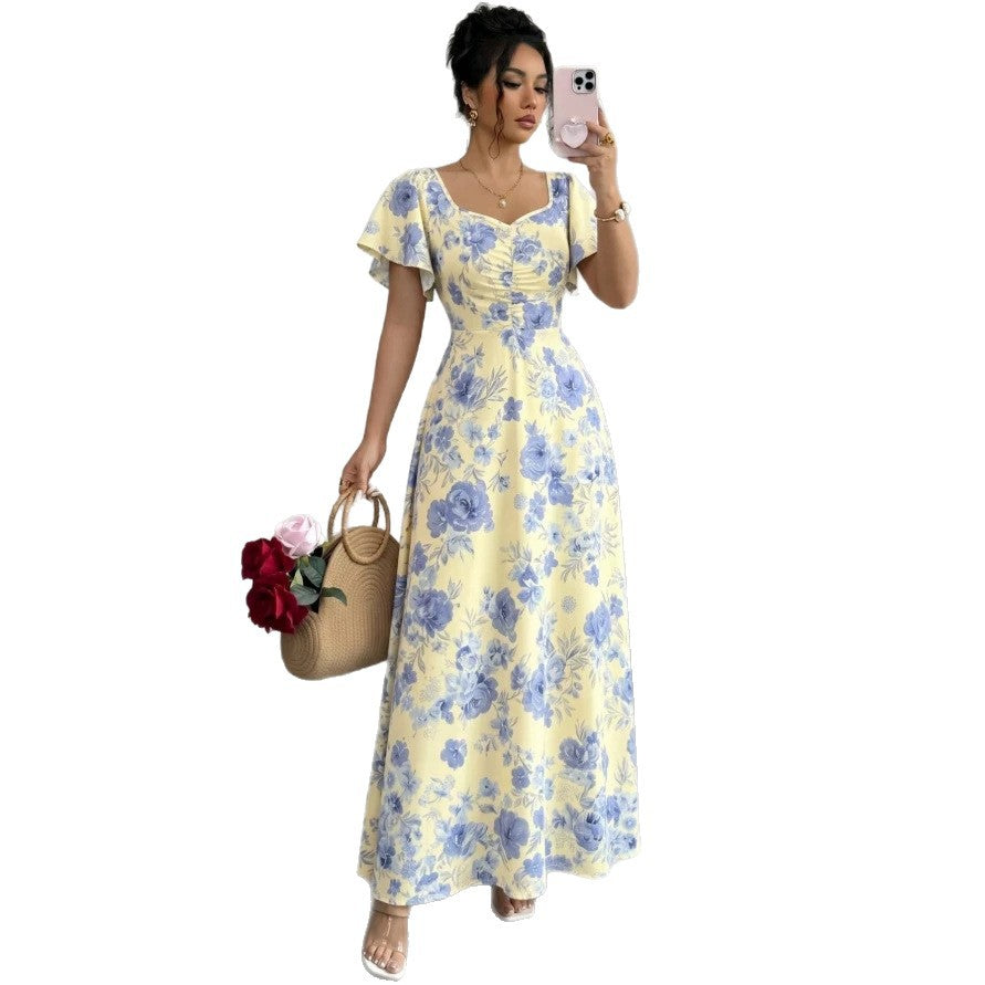 Fashion cross-border  french printingdress low collar chest pleated design short flying sleeves high waist long