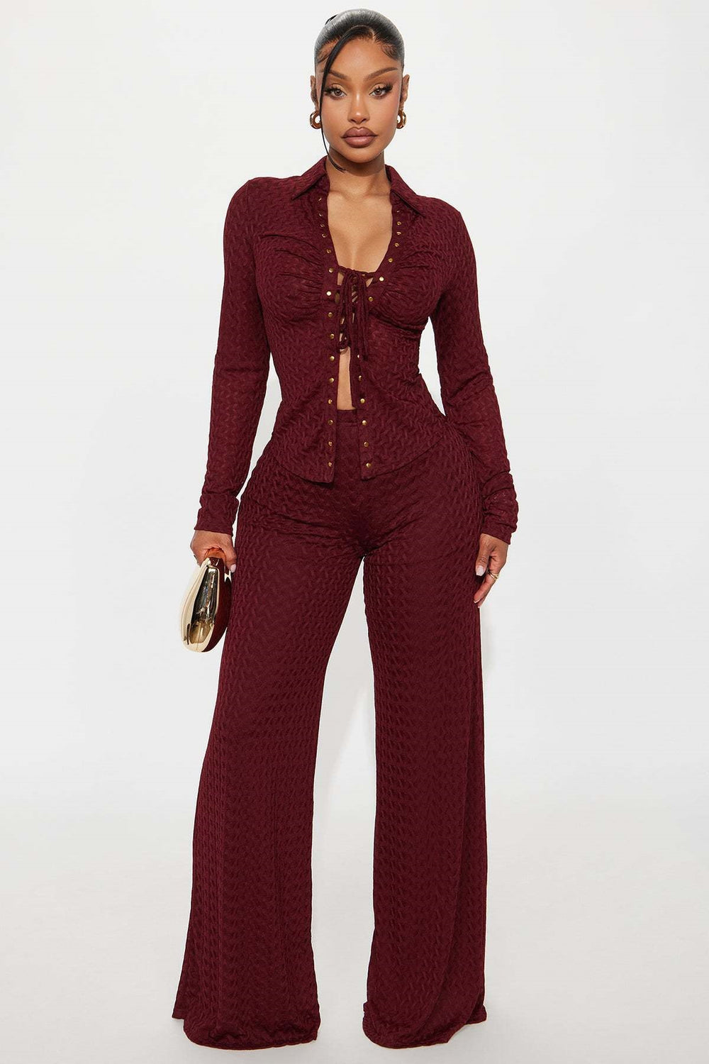 autumn women's casual turn-down collar long sleeve tie-front shirt and pants set - summer outfit