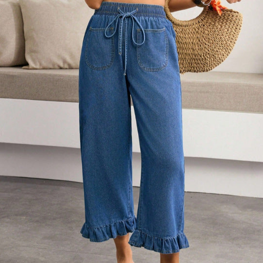 new arrivals: plus size women's elastic waist drawstring ruffle straight-leg jeans for , , and european & american markets