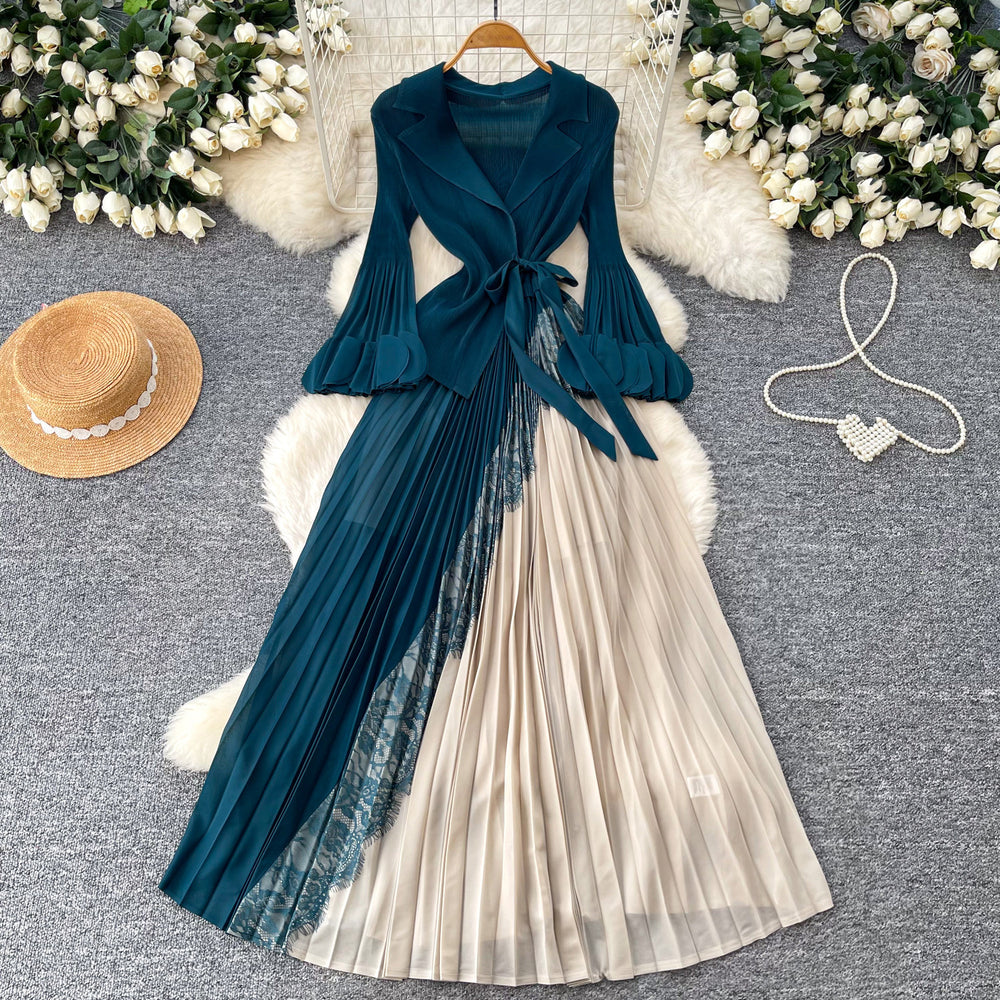 Elegant and chic commuter style tie-waist v-neck pleated midi dress - korean style long sleeve slim fit designer maxi dress