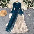 Elegant and chic commuter style tie-waist v-neck pleated midi dress - korean style long sleeve slim fit designer maxi dress