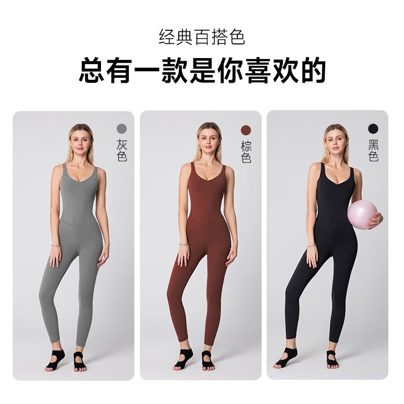 One-piece fitness suit with chest pad, beautiful back sports yoga suit, breathable beautiful back, nude feel shaping one-piece yoga pants for women
