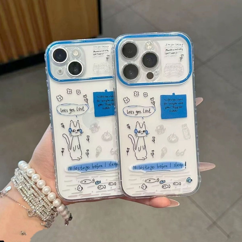 Suitable for apple 17pro mobile phone case blue frame hand-painted cat note english large window iphone16 protective cover