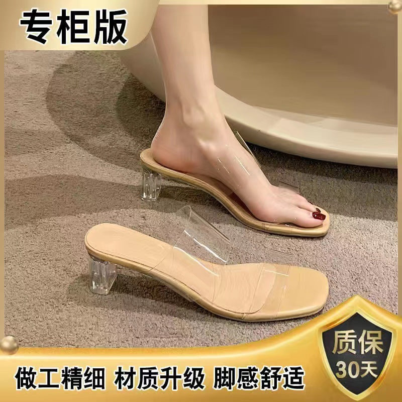 Plus size clear heel sandals for women - 2024 summer new arrival: single strap high heel slides, crystal heel chunky heel sandals